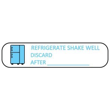 REFRIGERATE AND  SHAKE WELL, Medication Instruction Label, 1-5/8" x 3/8"